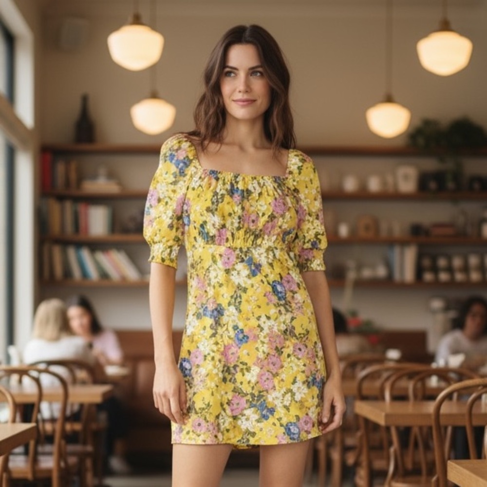 NWT Sanctuary Smocked Butter Yellow‎ Floral Square Neck Dress Twee